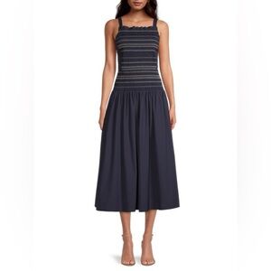 Jason Wu Smocked Drop Waist Midi Dress Navy Blue sz 14